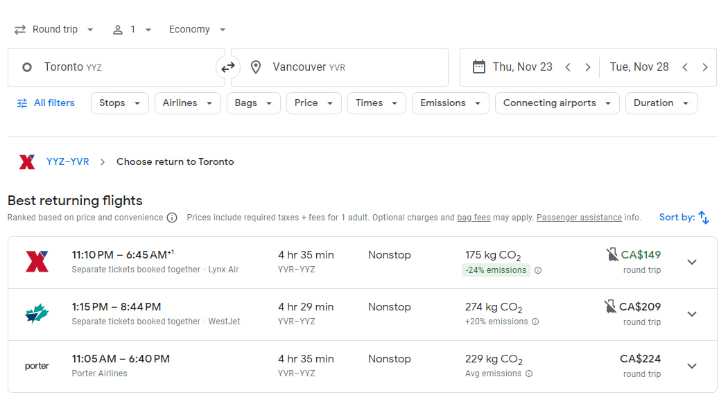 Example search result on Google Flights from Toronto to Vancouver