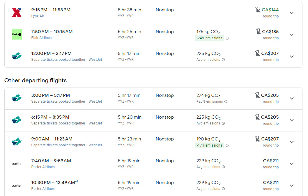 Baggage options on Google Flights from Toronto to Vancouver
