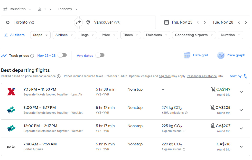 Example search result on Google Flights from Toronto to Vancouver