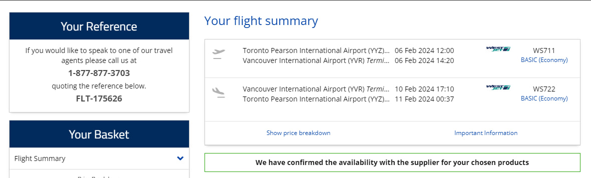 WestJet flight result from MBNA Rewards for Toronto to Vancouver