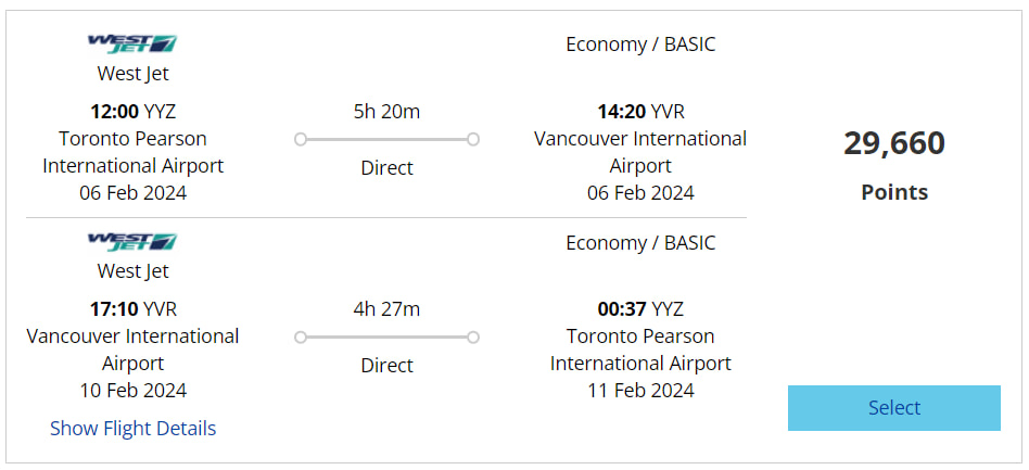 WestJet flight result from MBNA Rewards for Toronto to Vancouver