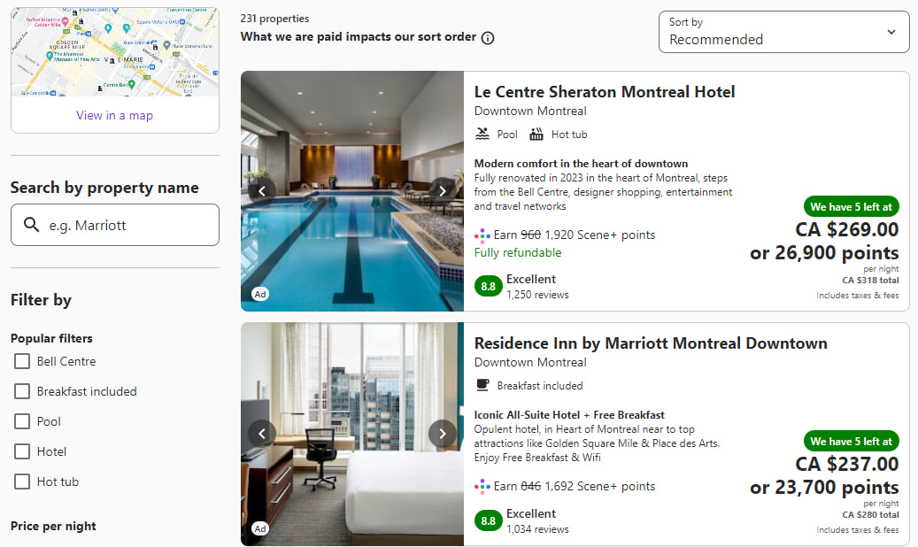 Sample results for a Scene+ hotel booking