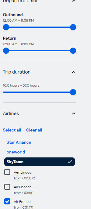 Selecting airlines with Skyscanner