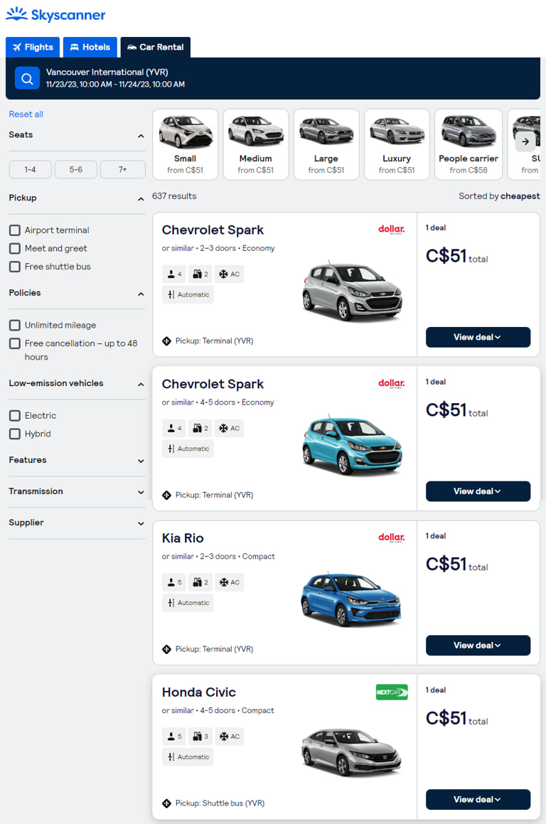 Car rental search results on Skyscanner