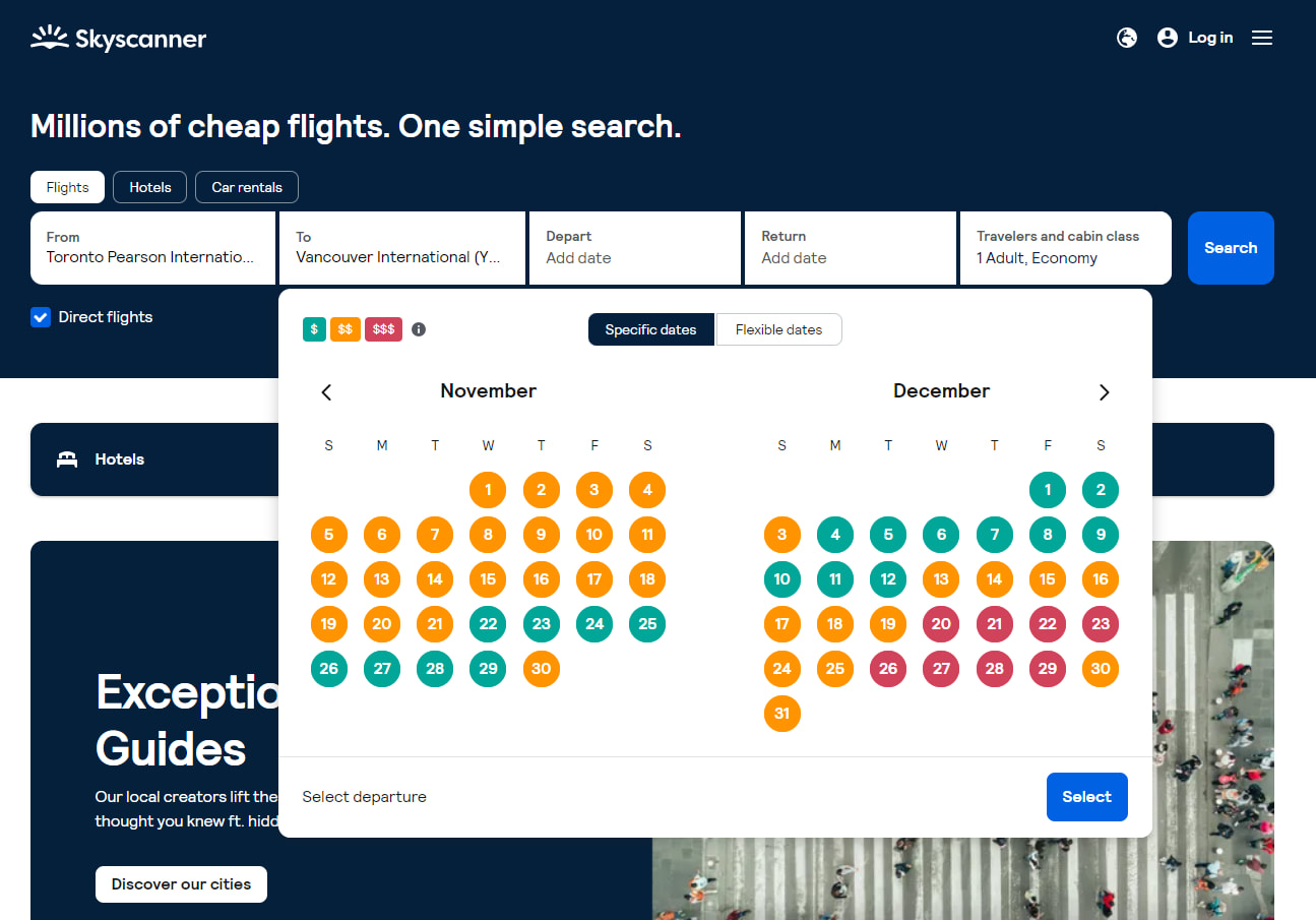Date picker for a flight with Skyscanner