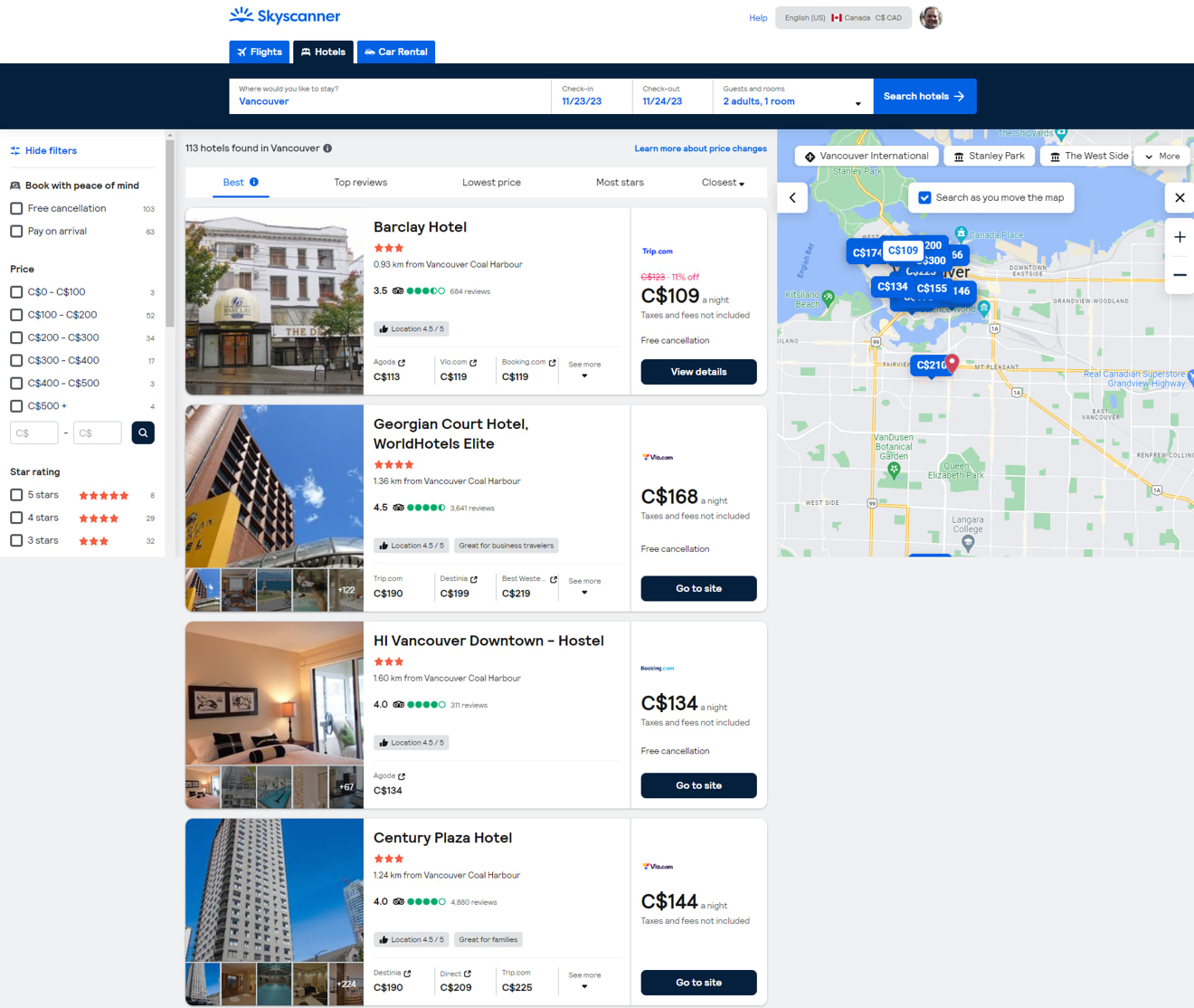 Hotel search results on Skyscanner