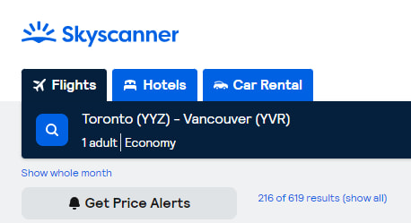 Sign up for Skyscanner price alert