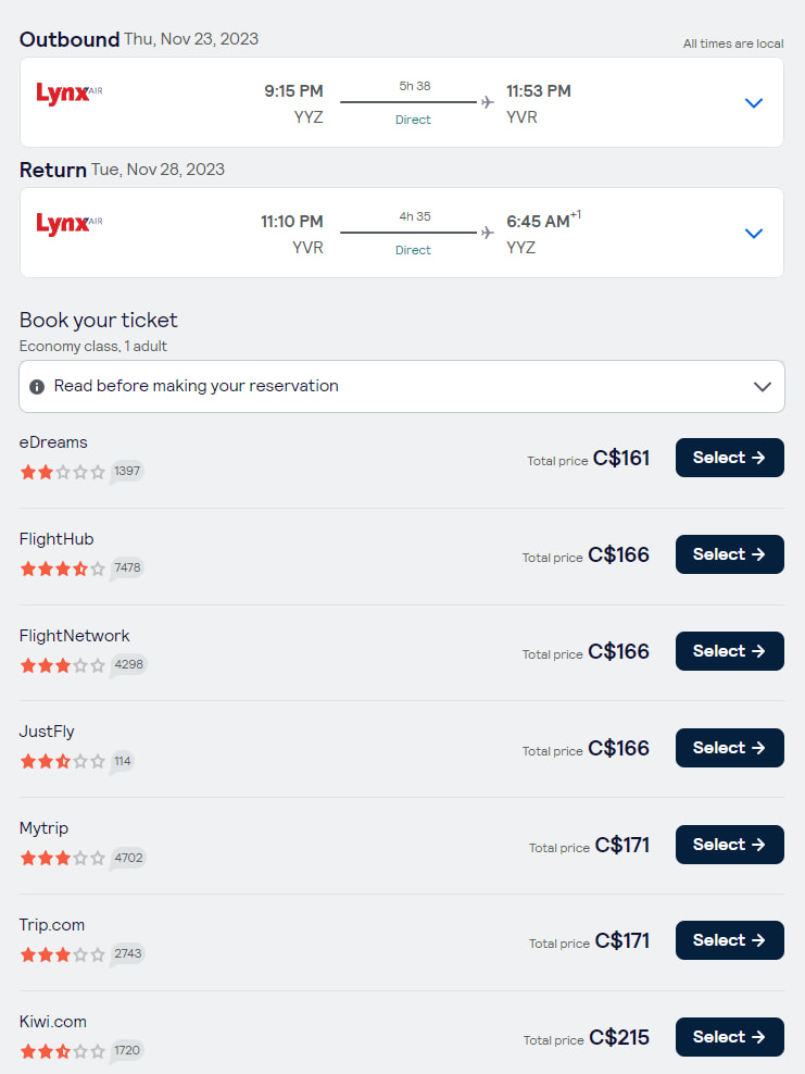 Example flight on Skyscanner from Toronto to Vancouver