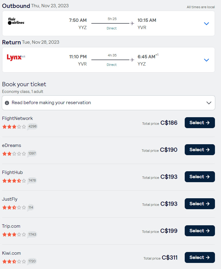 Example mixed flight on Skyscanner from Toronto to Vancouver