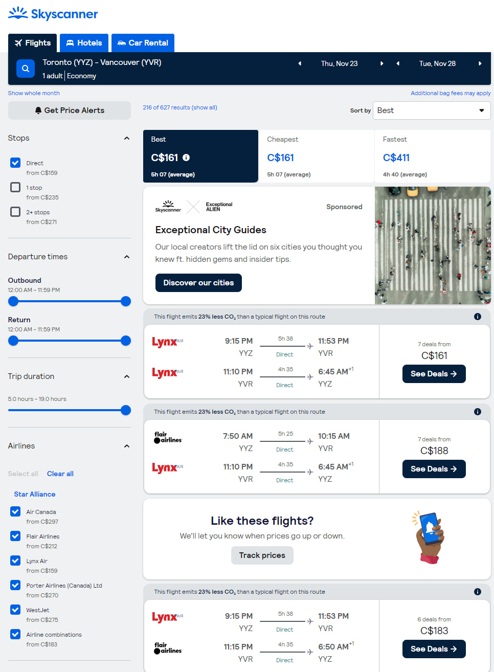 Search results for a Skyscanner search between Toronto and Vancouver