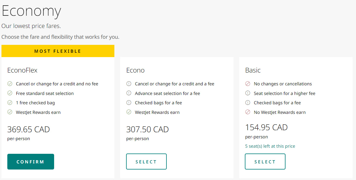 Different economy fare classes with WestJet