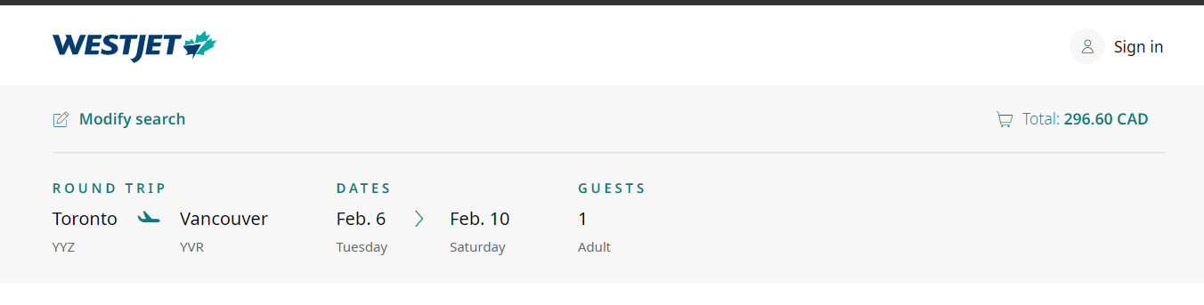 WestJet flight from Toronto to Vancouver