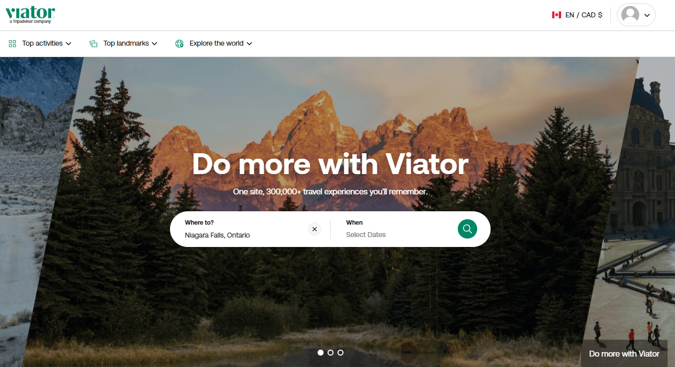 Viator homepage for searching bookings