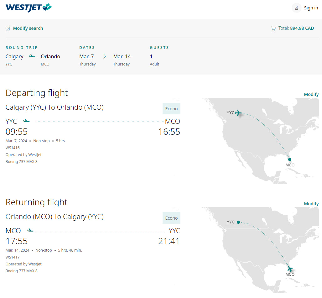WestJet flight from Calgary to Orlando