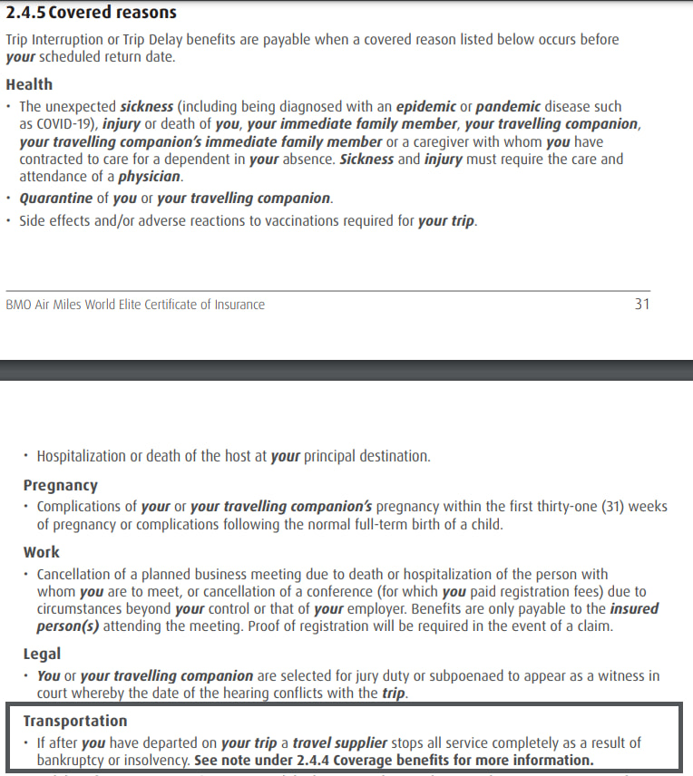 Trip interruption coverage for BMO credit cards