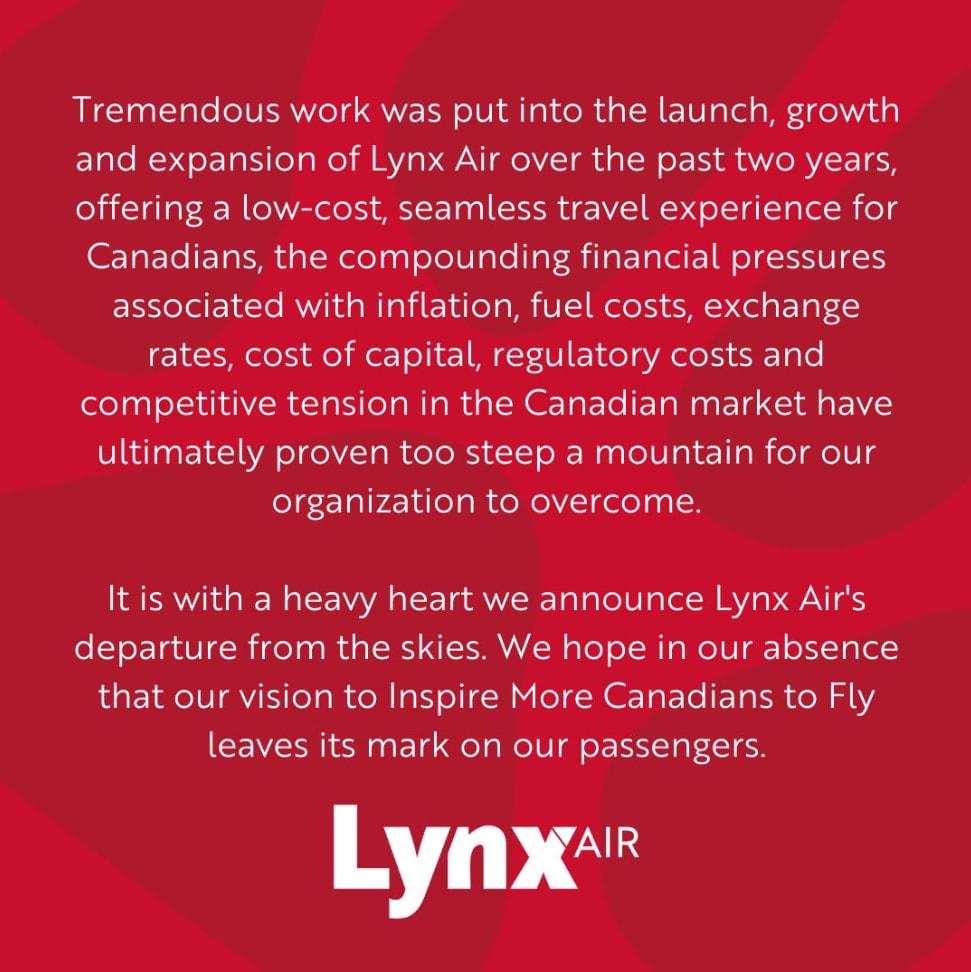 Statement from Lynx Air ceasing operations