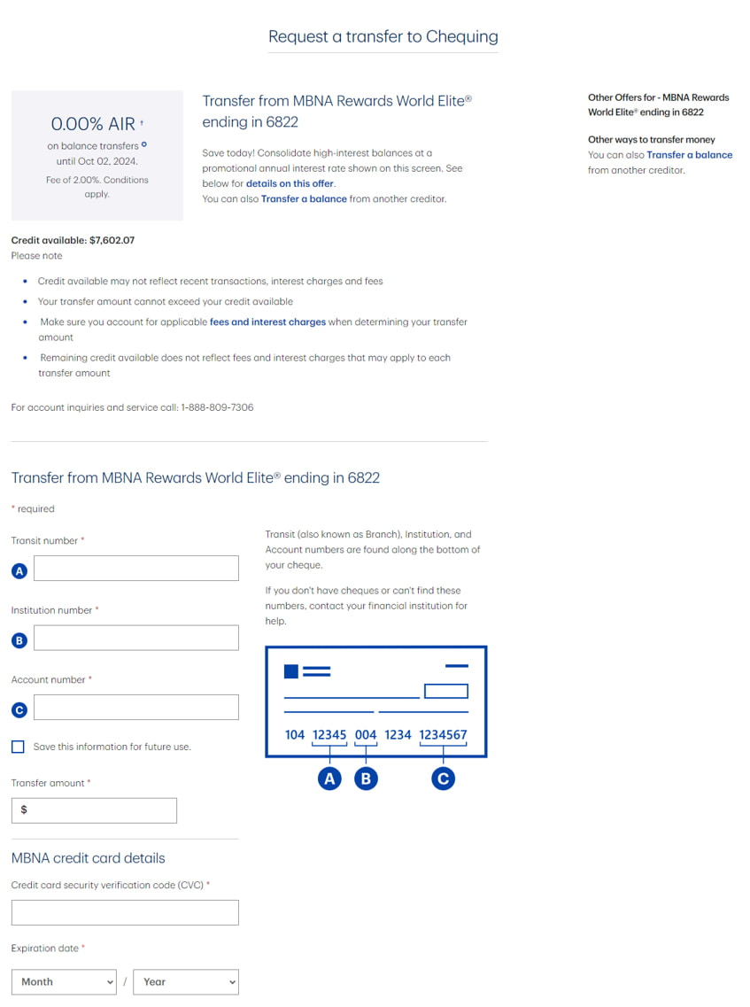 Balance transfer to bank account from MBNA credit card