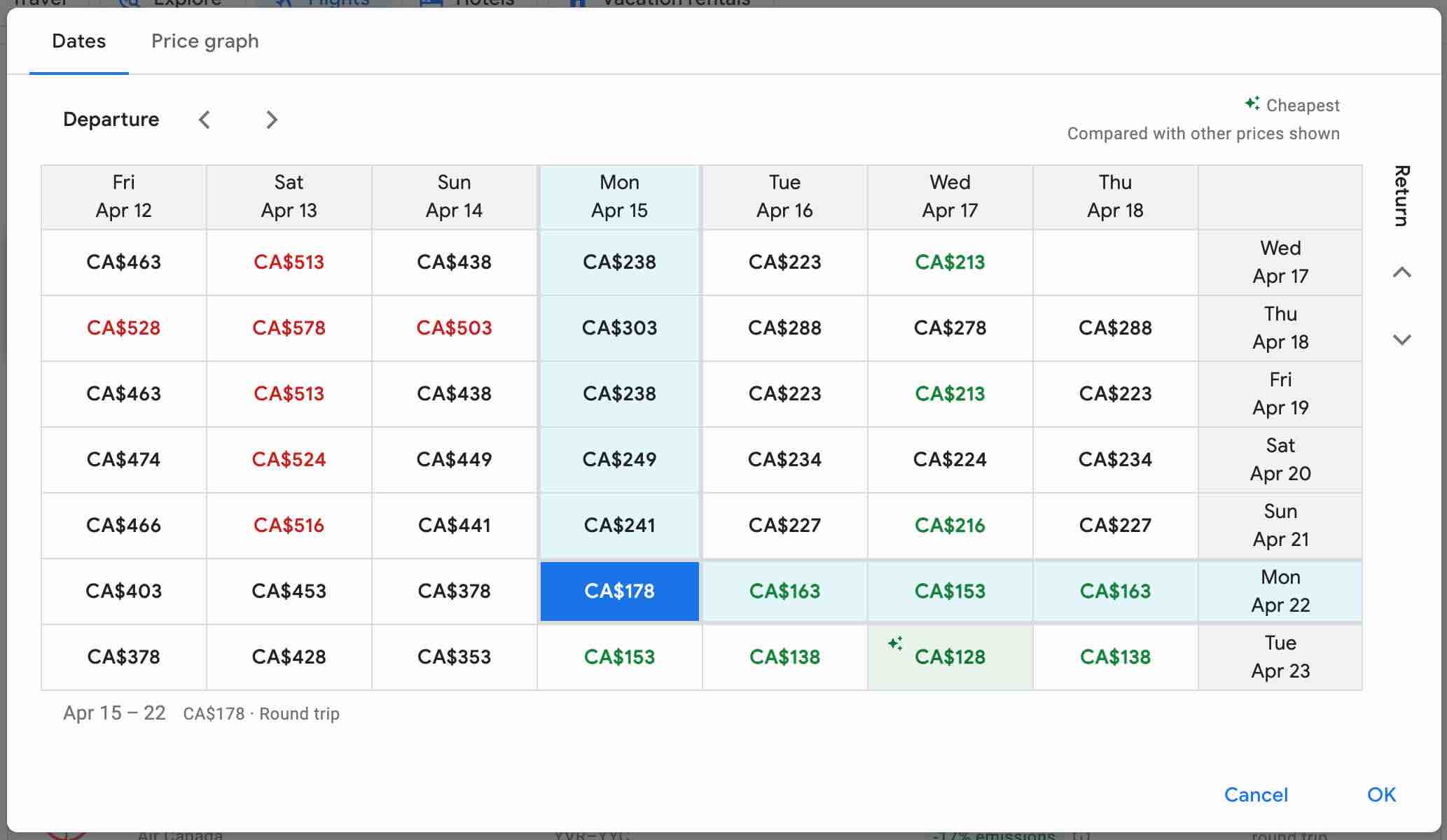 Google flight date grid