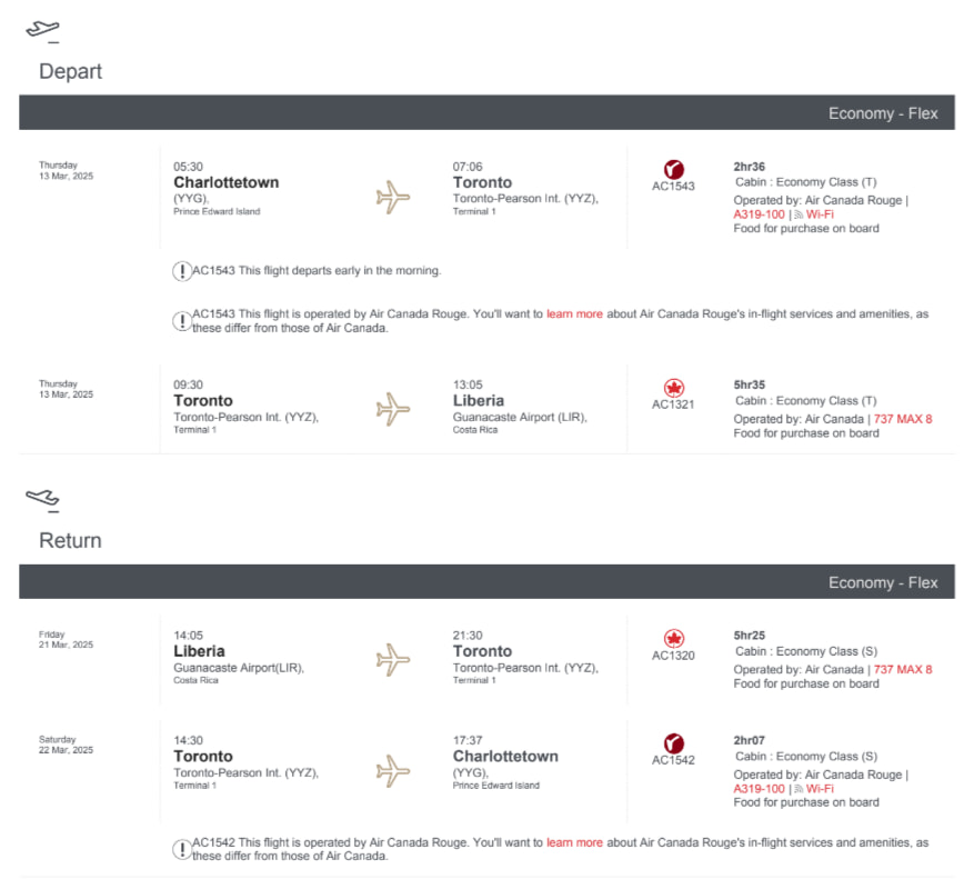 Flight booking between Charlottetown and Liberia