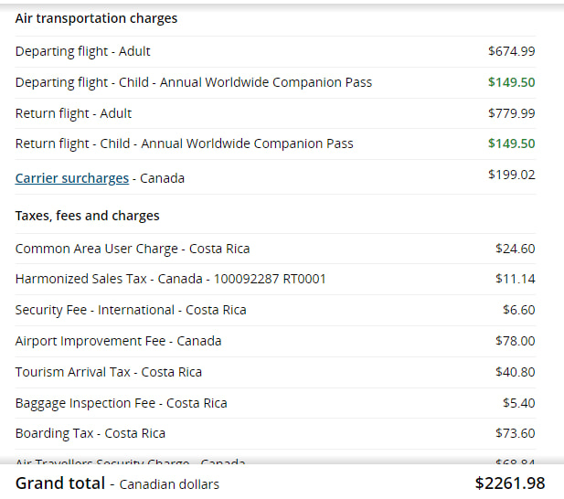 Cost of flex fare using Companion Pass between Charlottetown and Liberia
