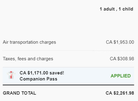 Savings of flex fare using Companion Pass between Charlottetown and Liberia