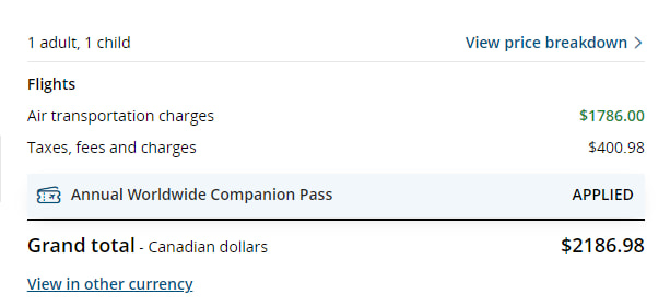 Cost of standard fare using Companion Pass between Charlottetown and Liberia