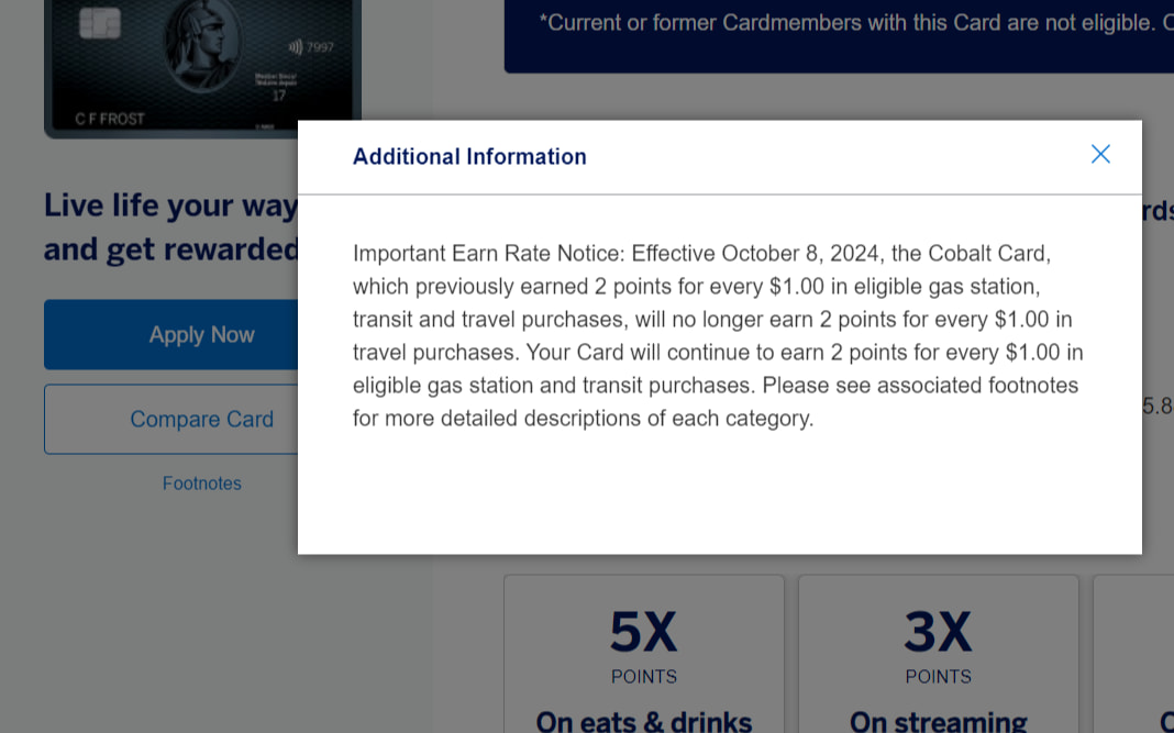 Details from Amex on Cobalt travel earn rate change