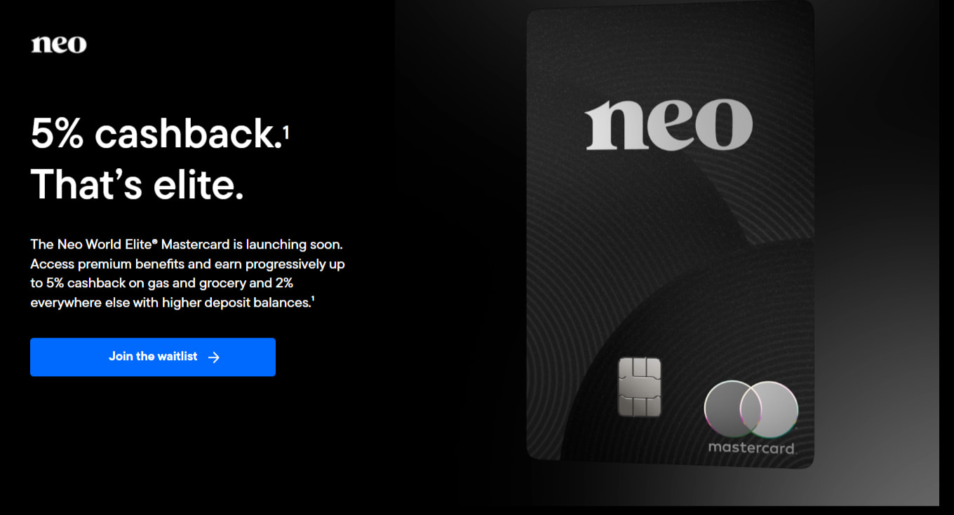 Rewards being offered with the Neo World Elite Mastercard