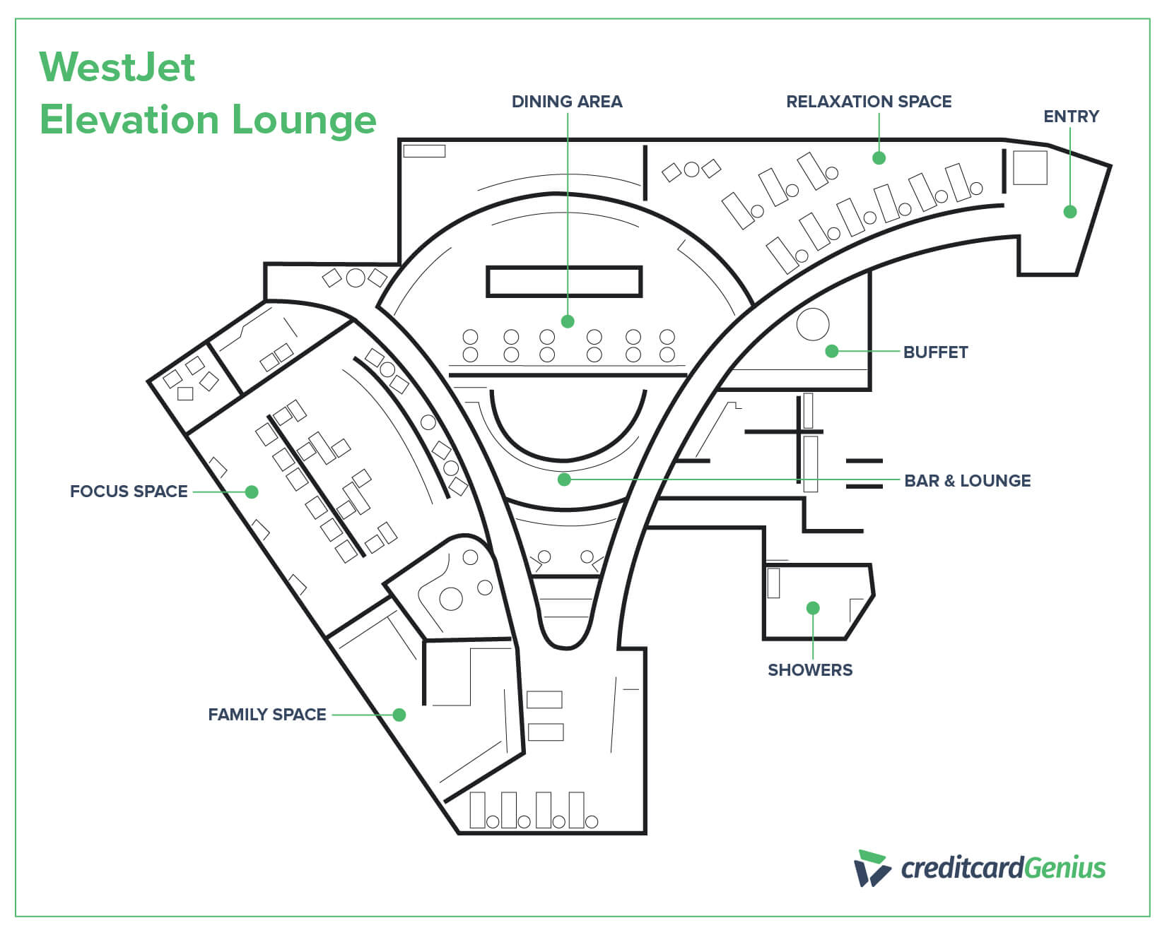 Floorplan of the WestJet Elevation Lounge in Calgary