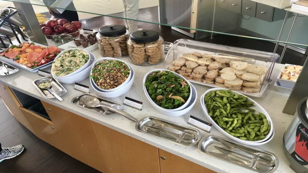 Self-serve buffet in the Transborder Maple Leaf Lounge Vancouver.