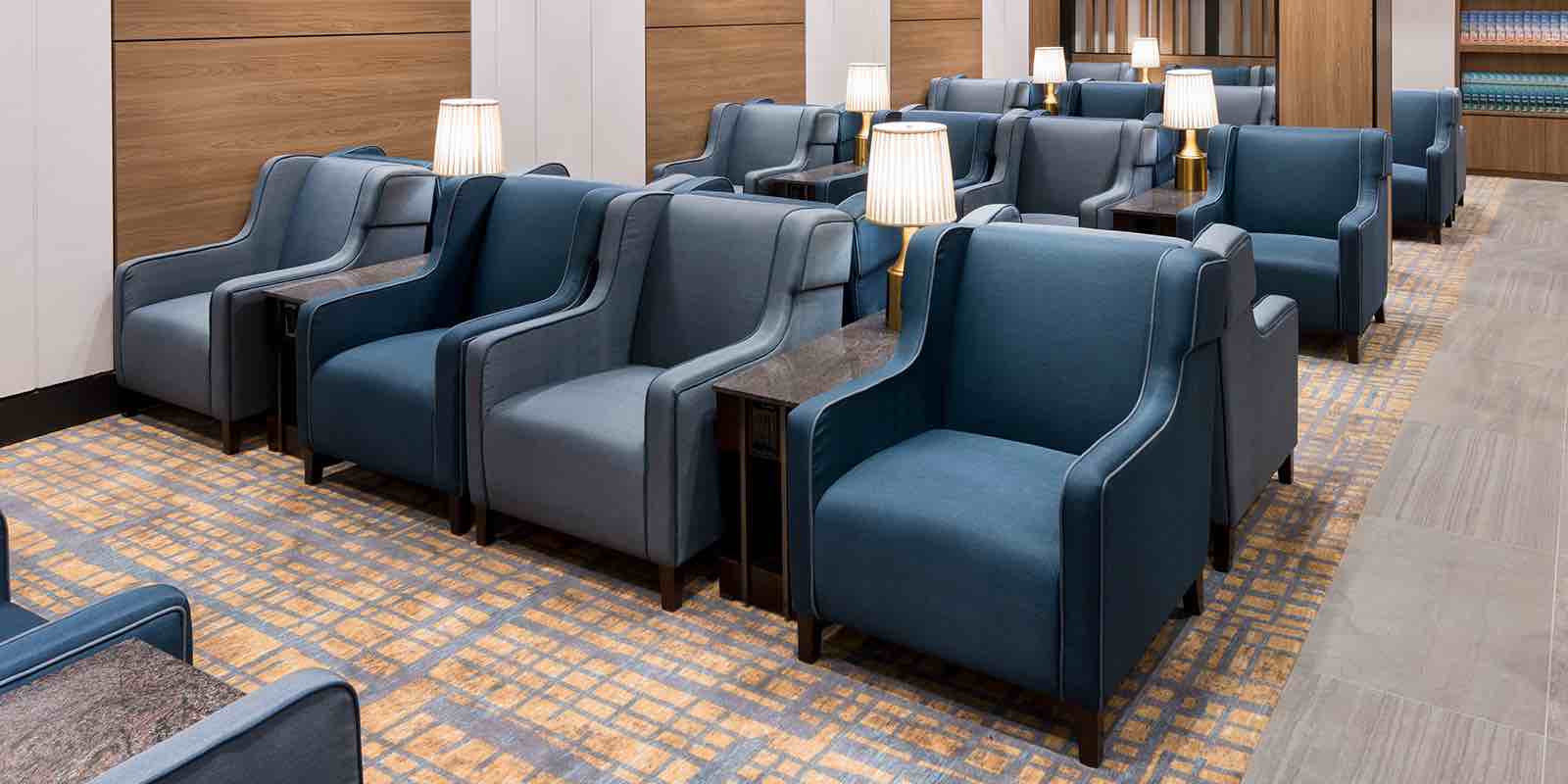 Armchairs in the Transborder Plaza Premium Lounge in Toronto Pearson Terminal 3.