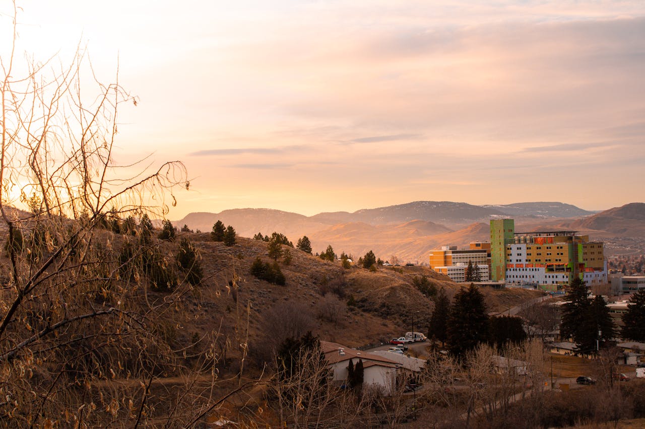 Buildings in Kamloops in the sunset