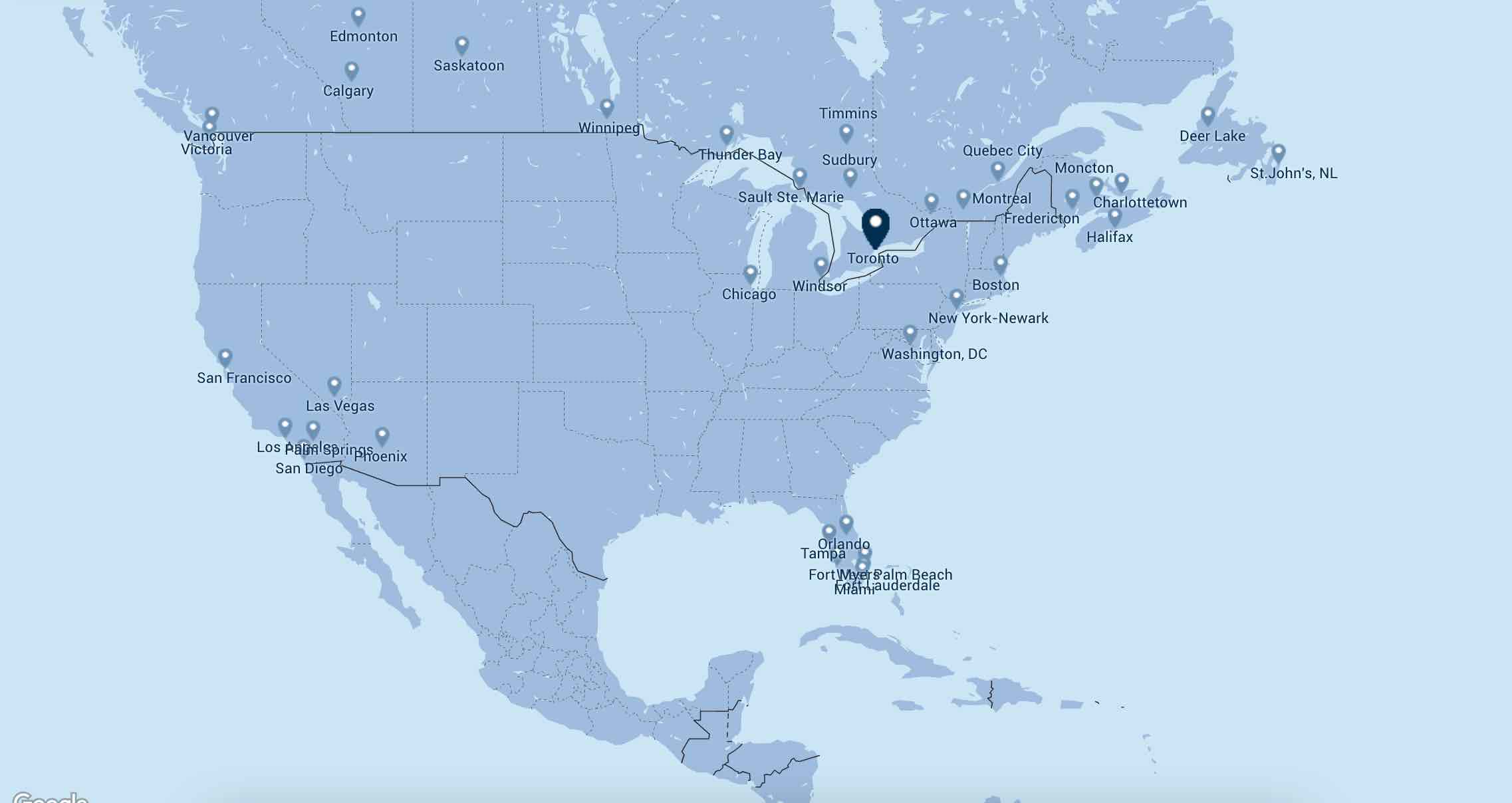 Route map showing Porter destinations from Toronto