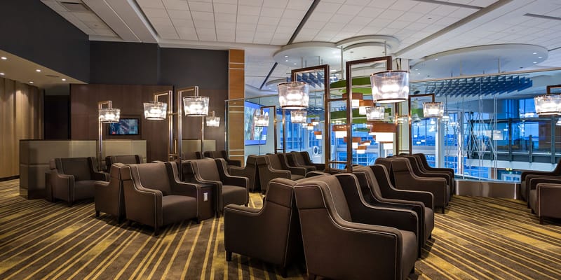 Seating area in the Plaza Premium Lounge in Pier B of Vancouver airport's domestic concourse.