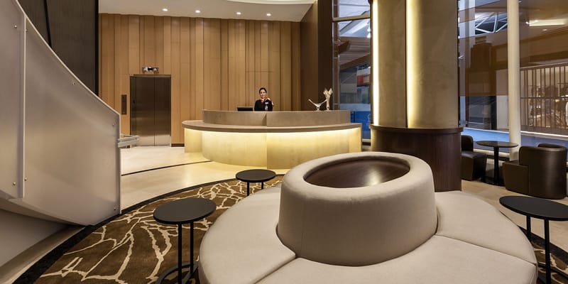 The reception area of the Domestic Plaza Premium Lounge in Pier B