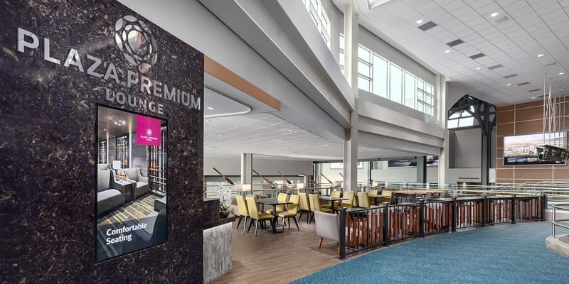 Entrance of the Plaza Premium Lounge in Pier C of Vancouver airport's domestic concourse.