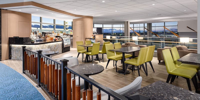 Dining area at the Plaza Premium Lounge in Pier C of Vancouver airport's domestic concourse.