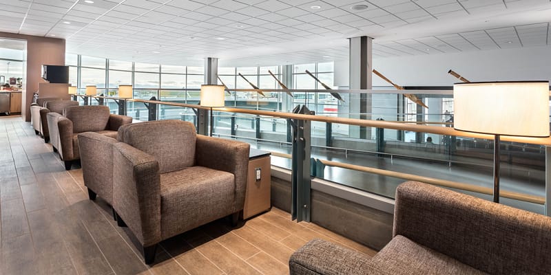 Seating in the Plaza Premium Lounge in Pier C of Vancouver airport's domestic concourse.