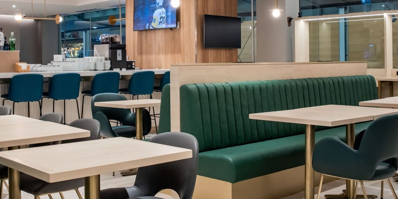 Comfortable seats in the Plaza Premium Lounge in Vancouver airport's US departures area.