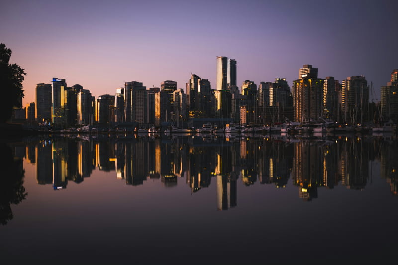 The skyline of Vancouver, British Columbia at sunrise