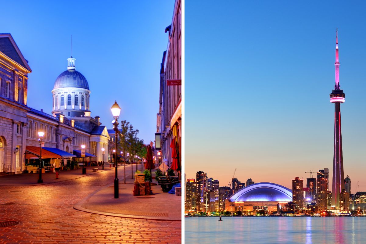 Montreal streets next to the Toronto skyline at night.