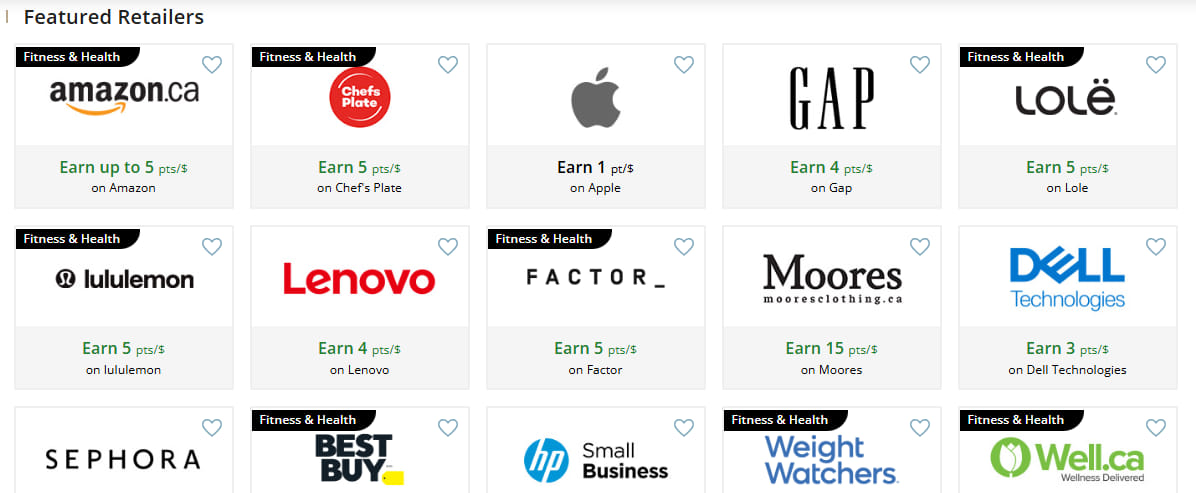 Aeroplan eStore featured retailers