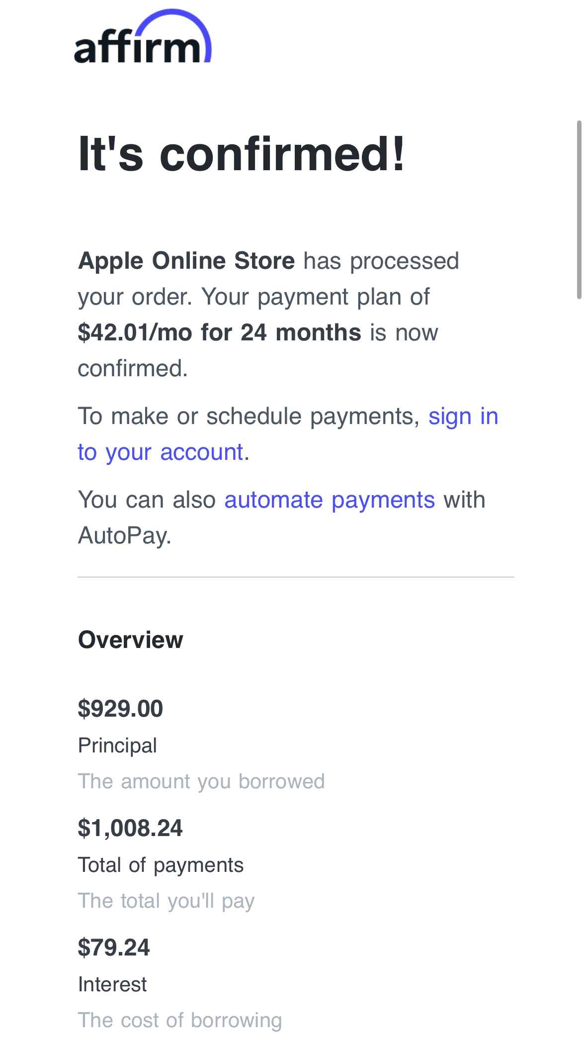 Affirm Canada payment plan confirmation email