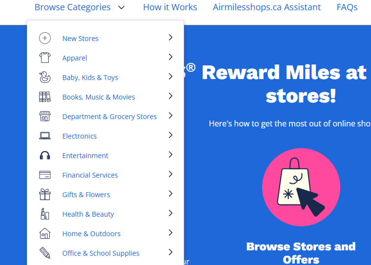 The Airmiles Shops 'Browse Categories' tab