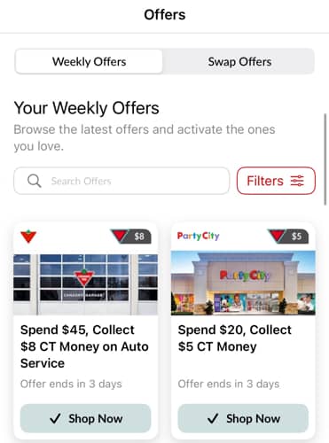 The Triangle Rewards app's offers tab
