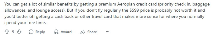 Redditor notes that premium Aeroplan credit cards offer similar travel benefits