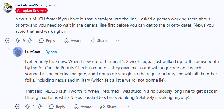 Reddit comments discussing whether NEXUS or Priority Security is faster