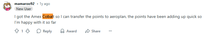 Redditor opinion that the Cobalt is a great card for collecting Aeroplan points
