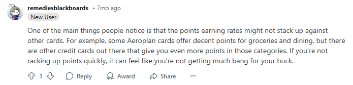 Redditor opinion on Aeroplan credit card earn rates