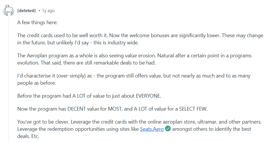Redditor opinion on the usefulness of Aeroplan and branded cards